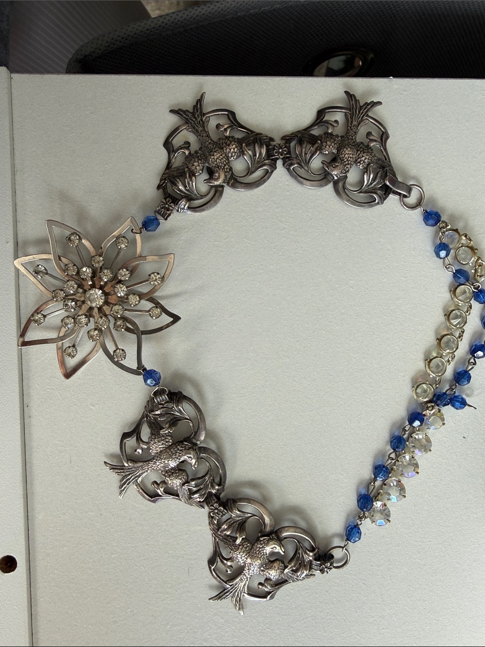 Silver and Blue Floral Bird Statement Necklace - Unbranded